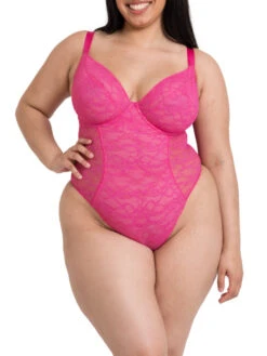 Curvy Kate All Night Lace Plunge Bodysuit - Hot Pink/Blush