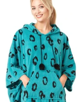 Bold Animal Print Fleece Poncho -FREYA Shop braforme nightwear 38314 teal pockets
